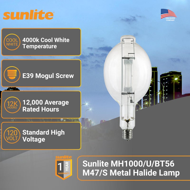 Sunlite 03681-SU MH1000/U/BT56 M47/S Metal Halide Lamp, 1000 Watts, Mogul Base (E39), BT56, 12,000 Hours Life, 110,000 Lumen, Clear Finish, 4000K - Image 2
